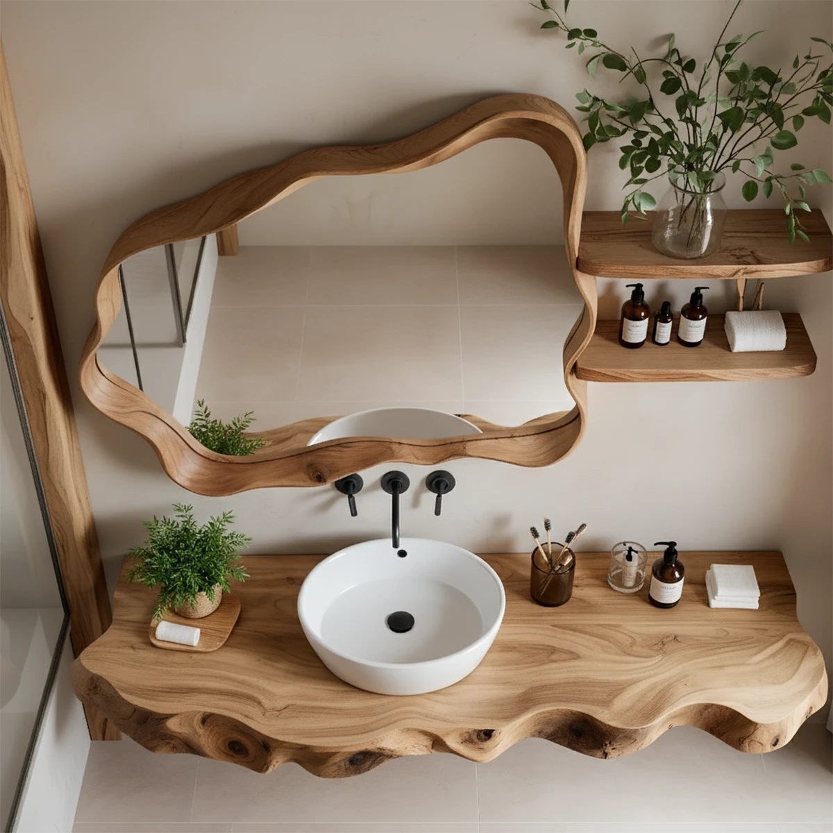 Live Edge Floating Wood Bathroom Vanity with Organic Mirror Frame - Rustira