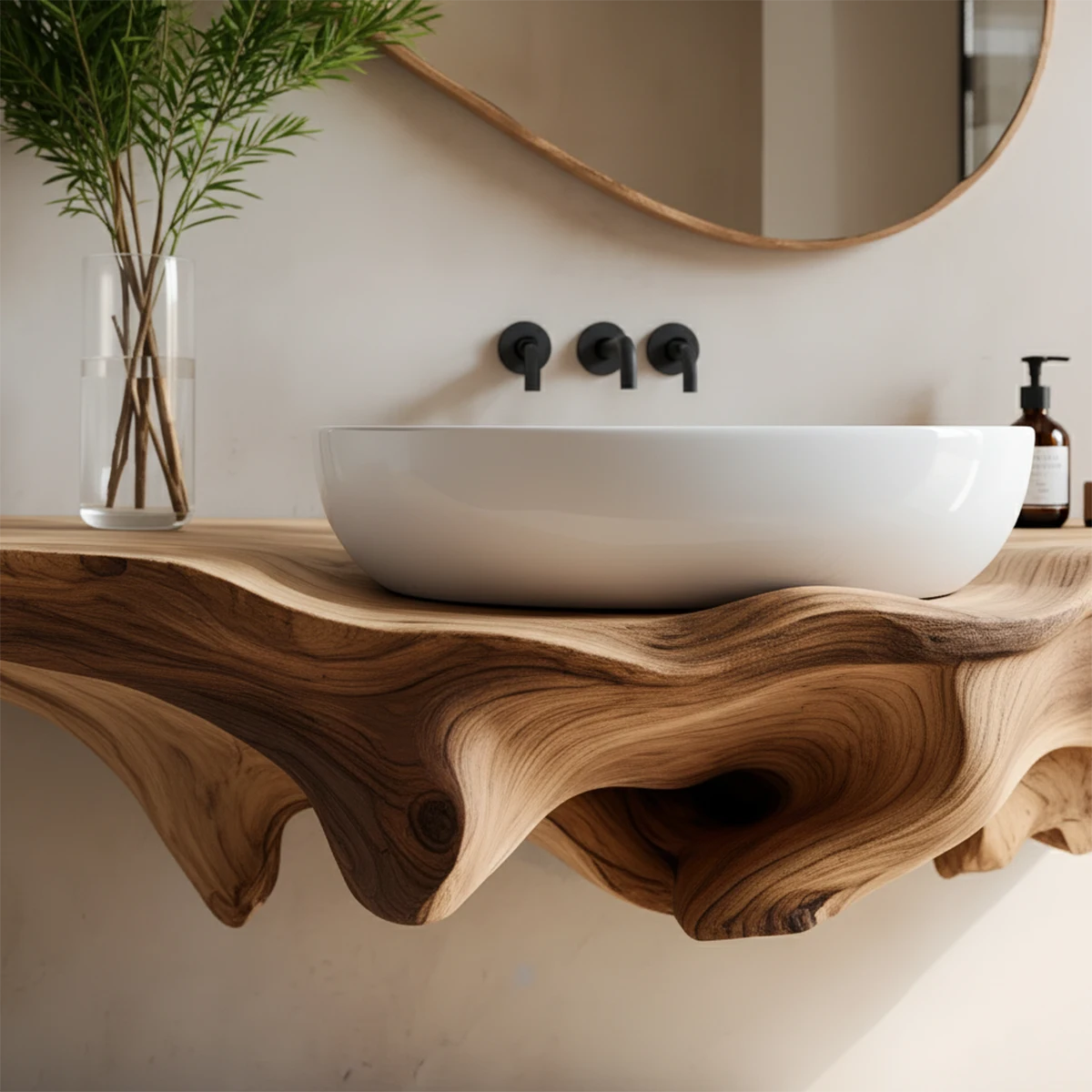 Sculpted Live Edge Floating Wood Bathroom Vanity Shelf - Rustira