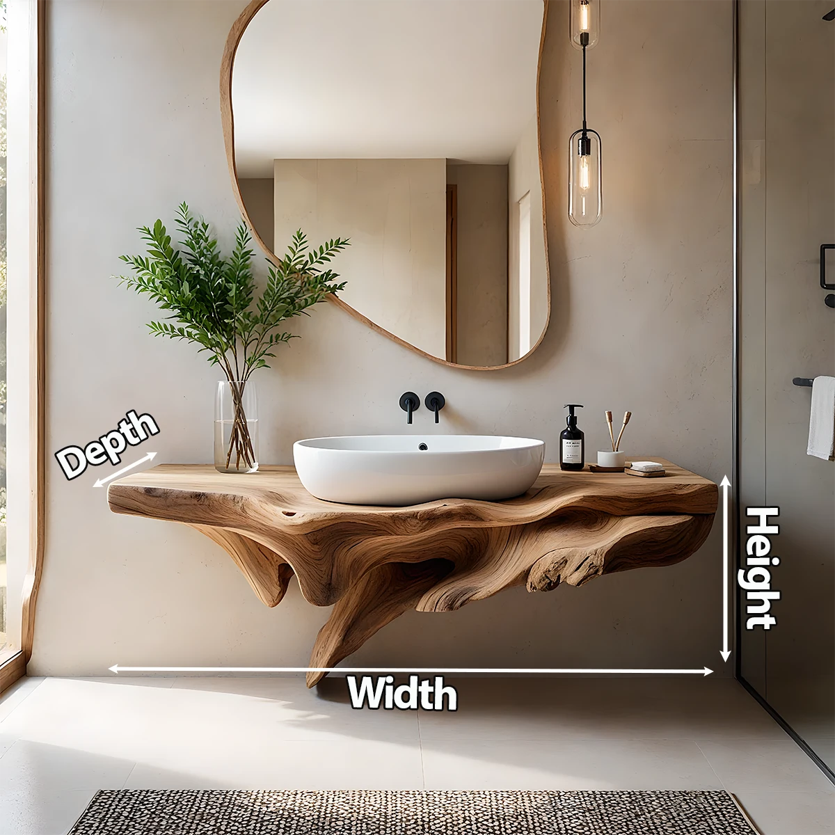 Sculptural Driftwood-Style Live Edge Floating Bathroom Vanity - Rustira