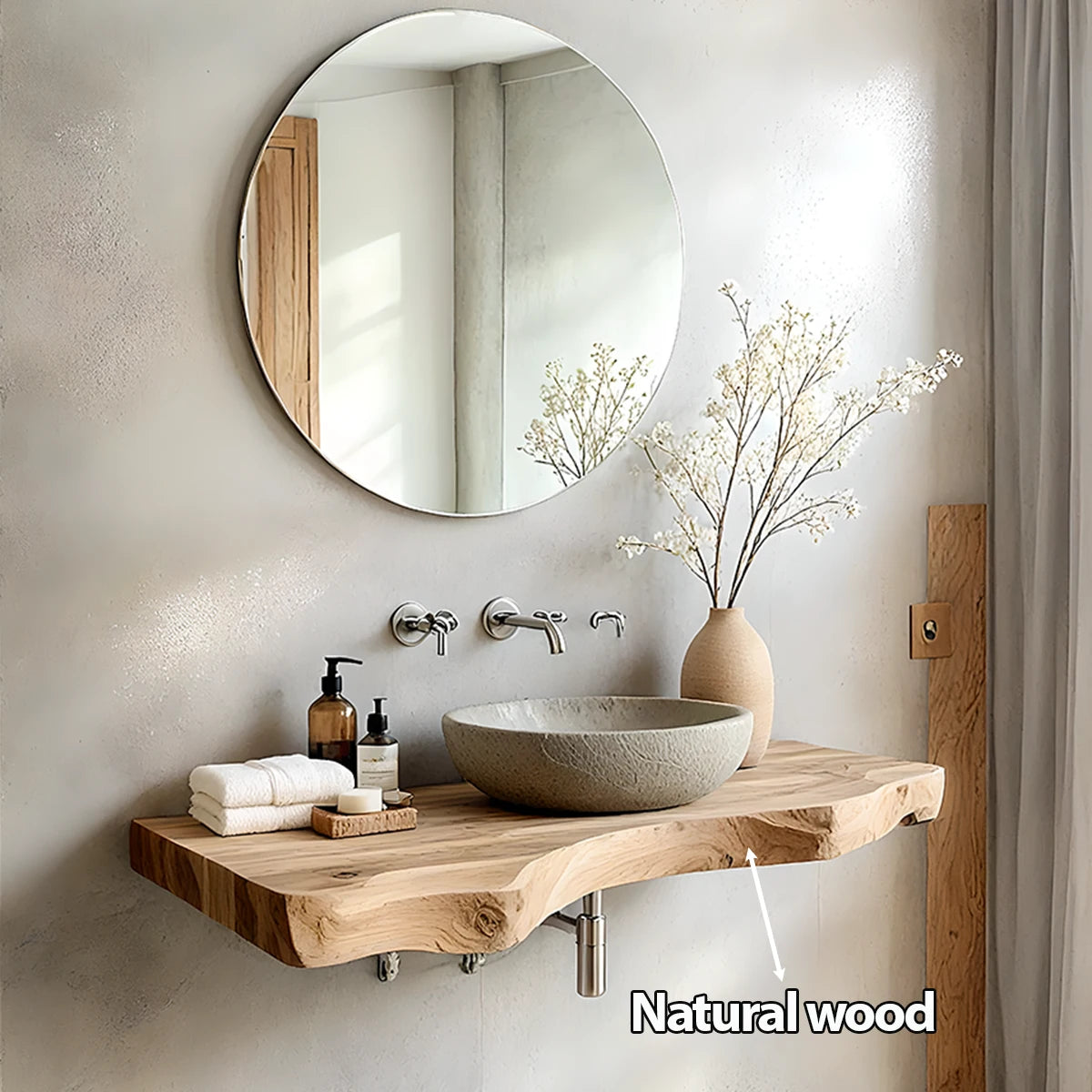 Live Edge Solid Wood Bathroom Vanity – Japandi Floating Sink Shelf - Rustira