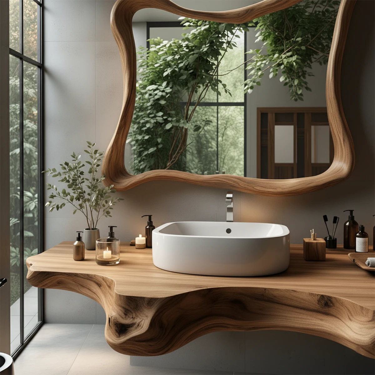 Organic Live Edge Floating Bathroom Vanity with Sculpted Frame Mirror - Rustira