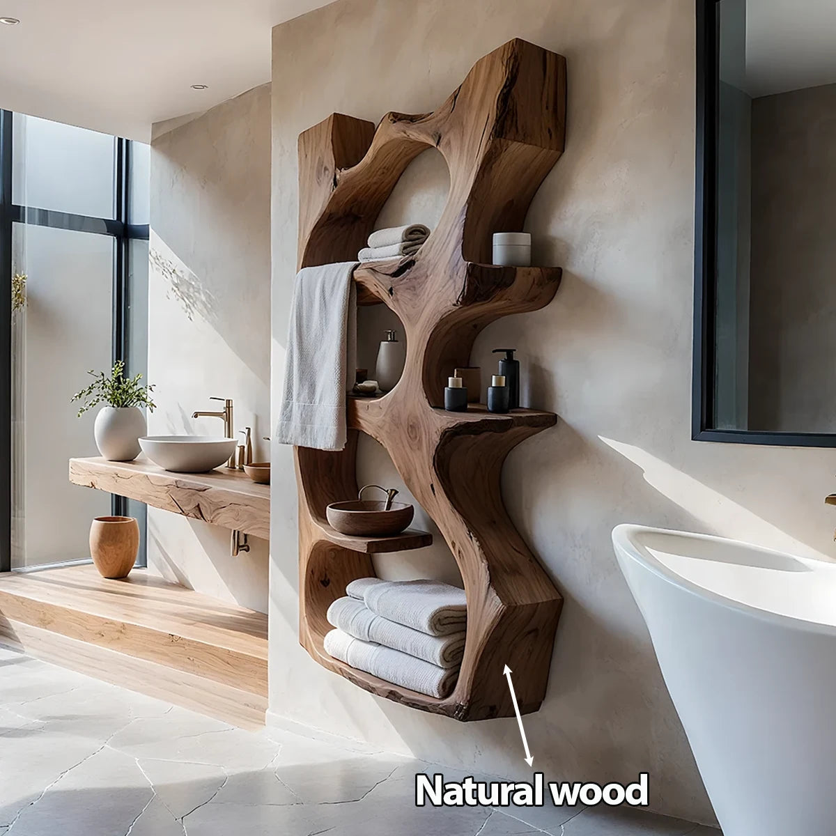 Organic Solid Wood Floating Bathroom Shelf — Sculpted Live Edge - Rustira