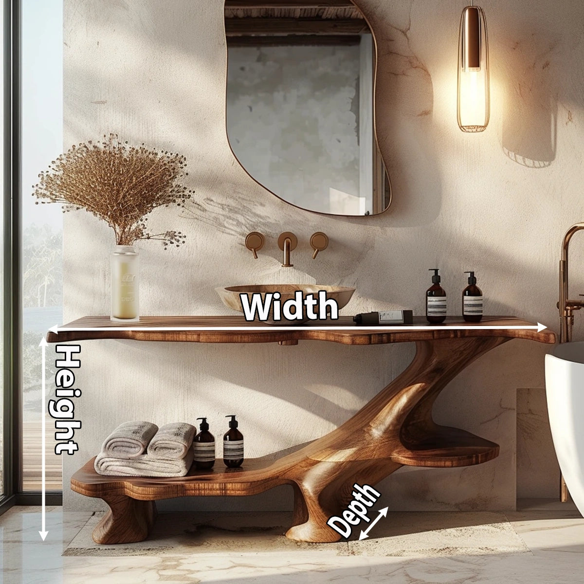 Organic Solid Wood Bathroom Vanity With Sculptural Base & Shelf - Rustira