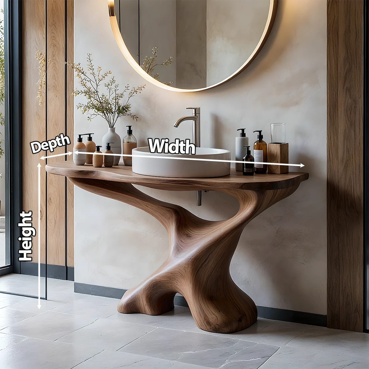 Sculptural Solid Wood Pedestal Vanity – Organic Modern Bathroom Sink Stand - Rustira