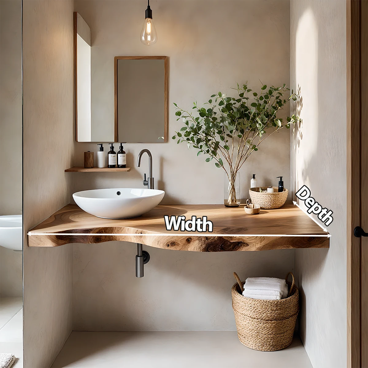Live Edge Floating Wood Bathroom Vanity Countertop – Minimal Organic Design - Rustira
