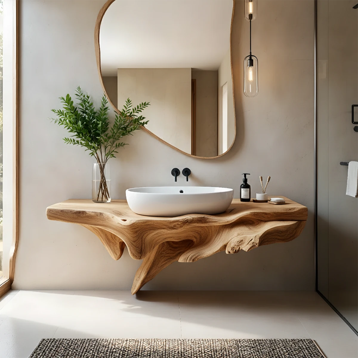Sculptural Driftwood-Style Live Edge Floating Bathroom Vanity - Rustira