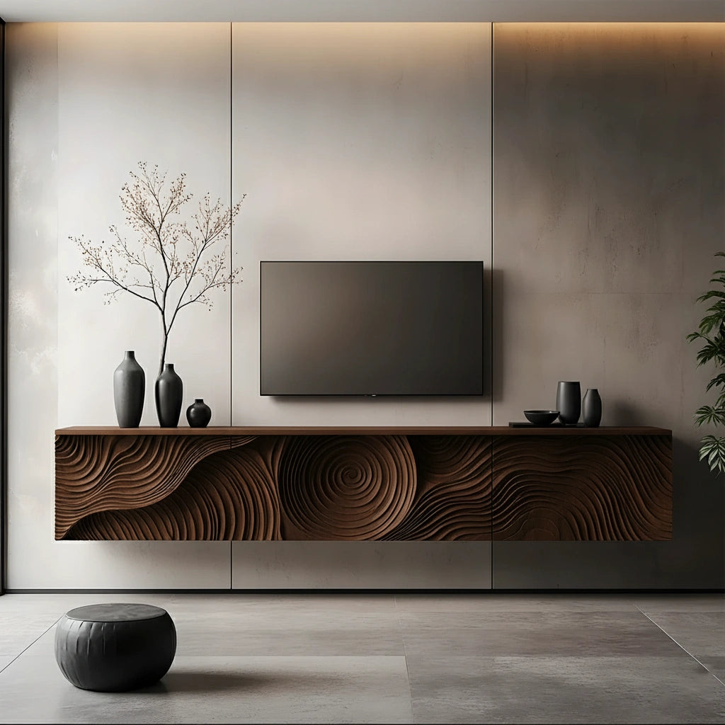 Art-Carved Solid Wood Floating TV Console – Modern Wave Texture Design - Rustira