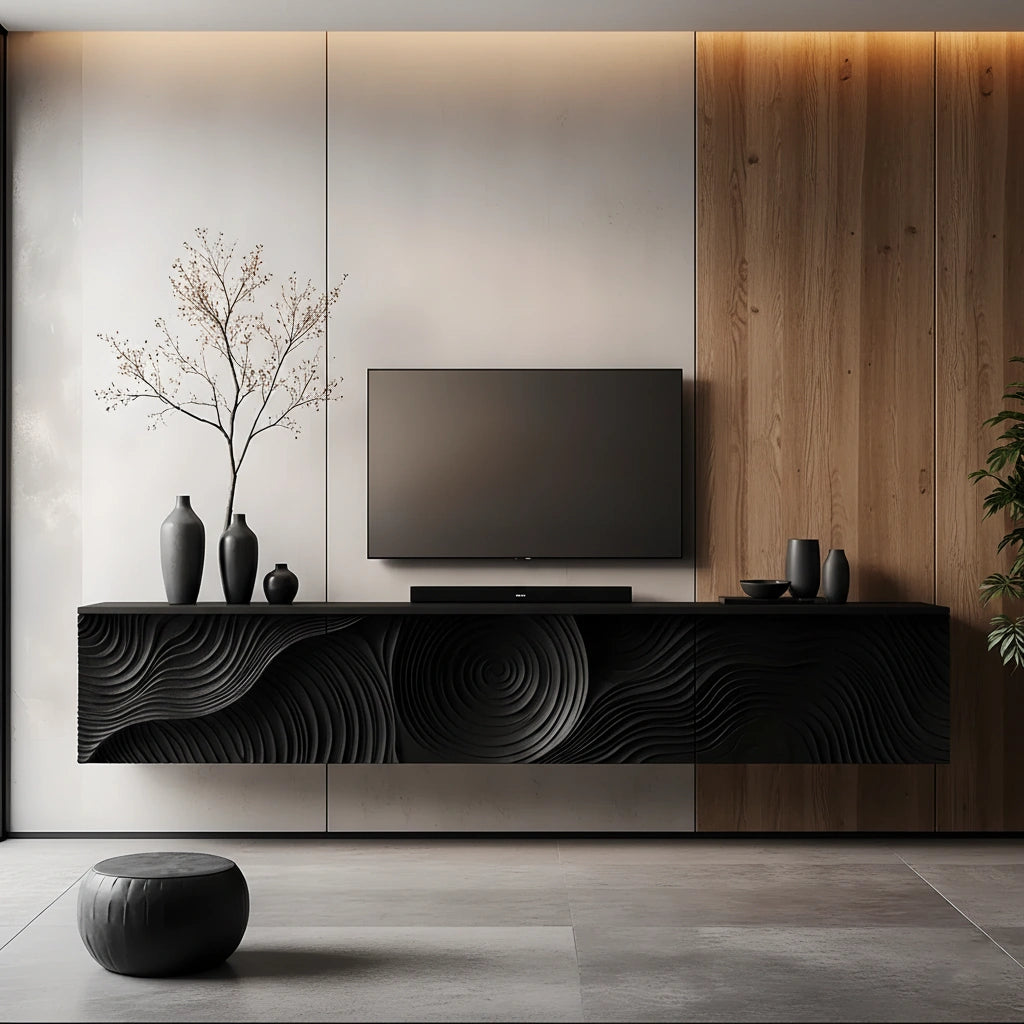 Art-Carved Solid Wood Floating TV Console – Modern Wave Texture Design - Rustira