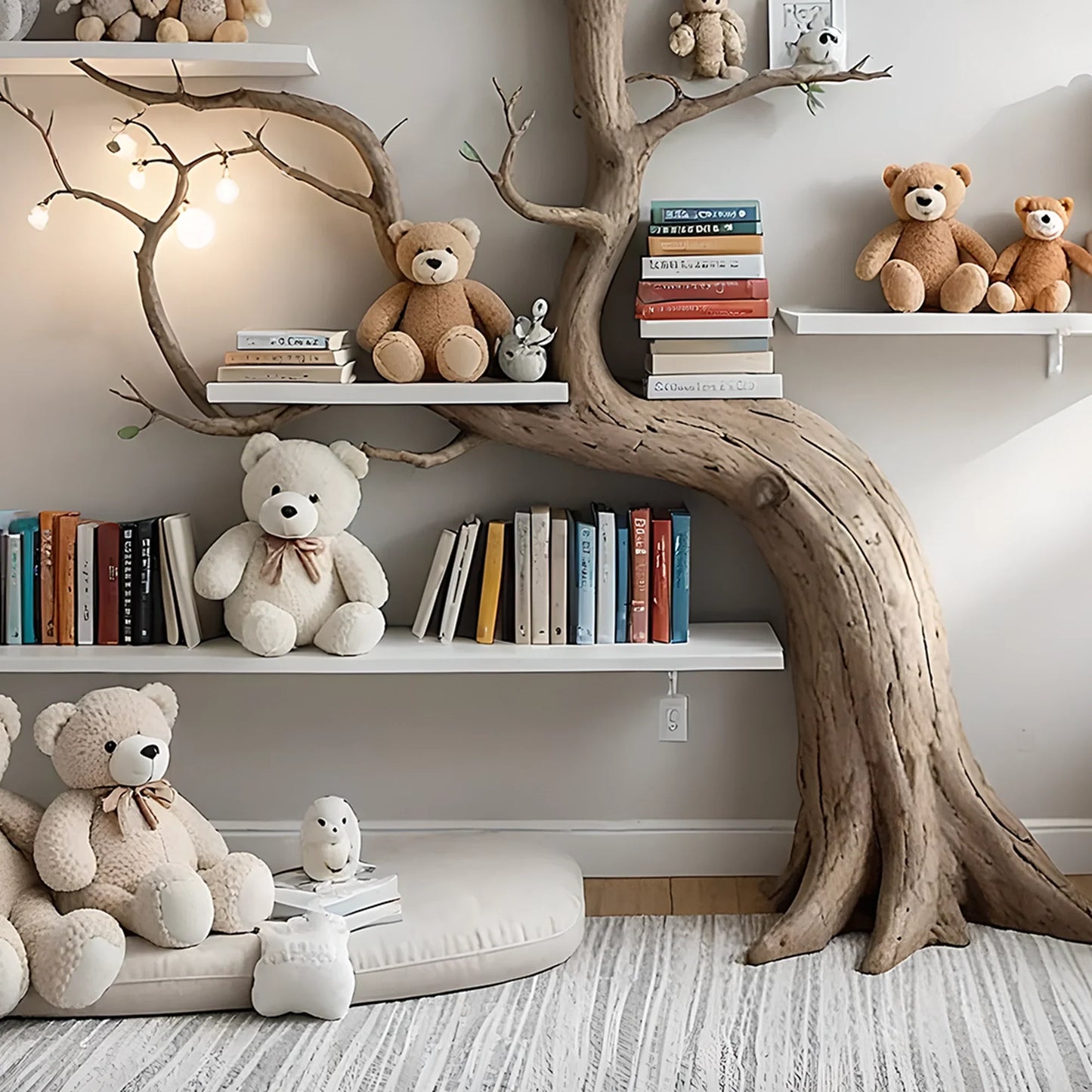 Artistic wall-mounted bookshelf for children - Unique design made of solid wood, toy storage shelf for children. 