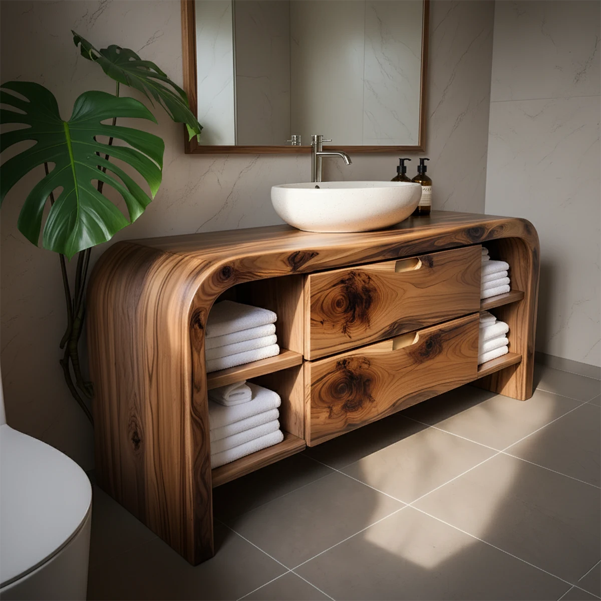 Aurora Bathroom Vanity – Natural Solid Wood Modern - Rustira