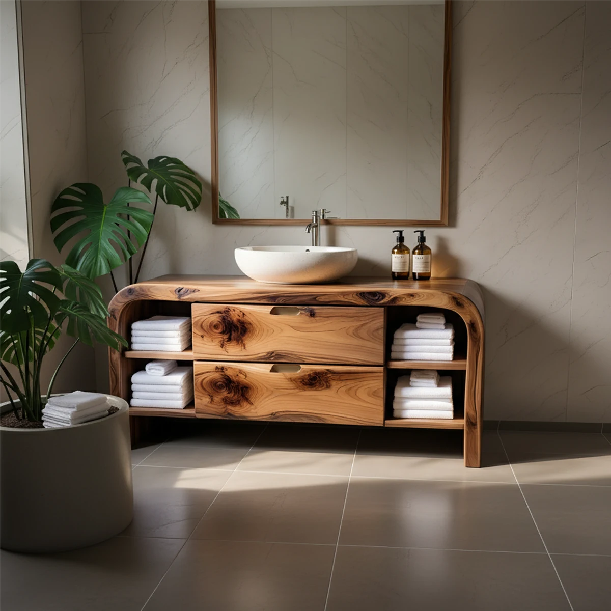 Aurora Bathroom Vanity – Natural Solid Wood Modern - Rustira