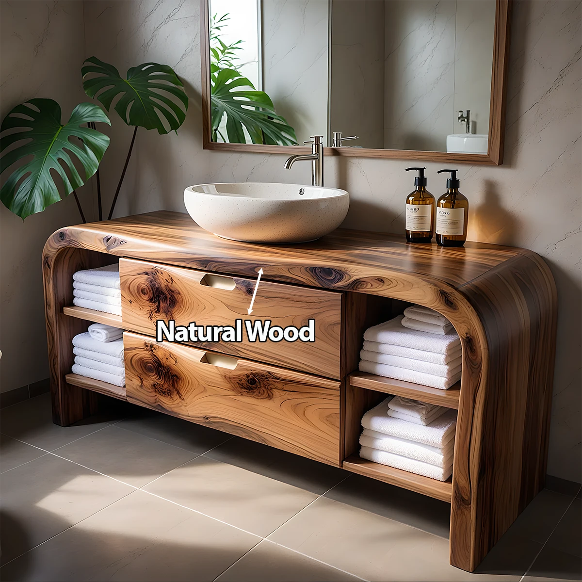 Aurora Bathroom Vanity – Natural Solid Wood Modern - Rustira