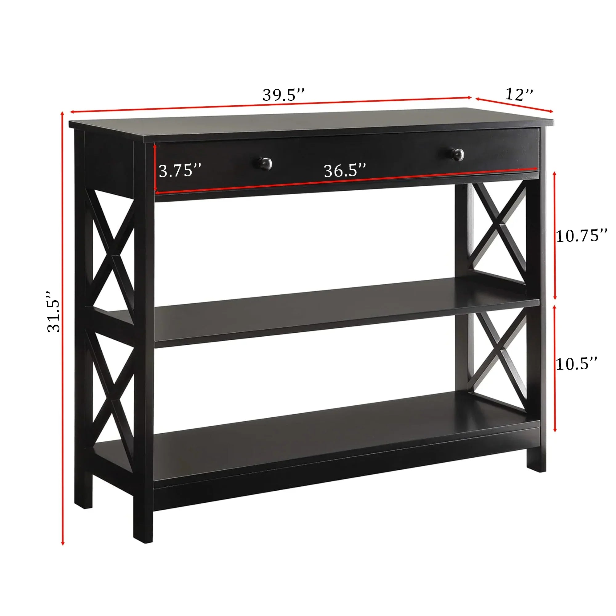 Black Console Table with Drawer and Open Shelves – Elegant Accent 