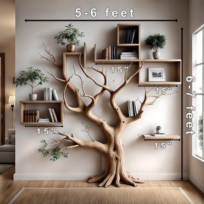 Bookshelf shaped like an old tree, aged wooden bookshelf, wall-mounted decorative bookshelf 