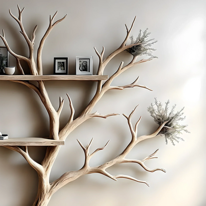 Bookshelf, table, floating shelf, living tree branch shelf next to floating shelf, solid wood bookshelf, gift for that person 