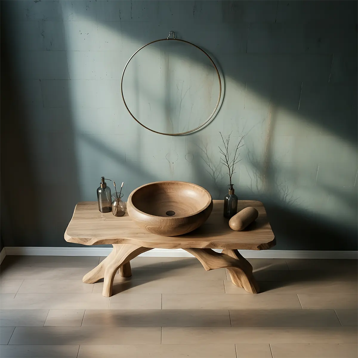 BranchArc Vanity – Sculpted Solid Wood Bathroom Console - Rustira