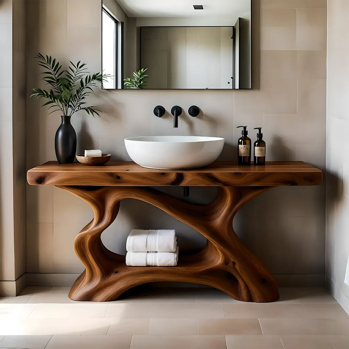 Rustic Sculpted Solid Wood Live Edge Bathroom Vanity - Rustira