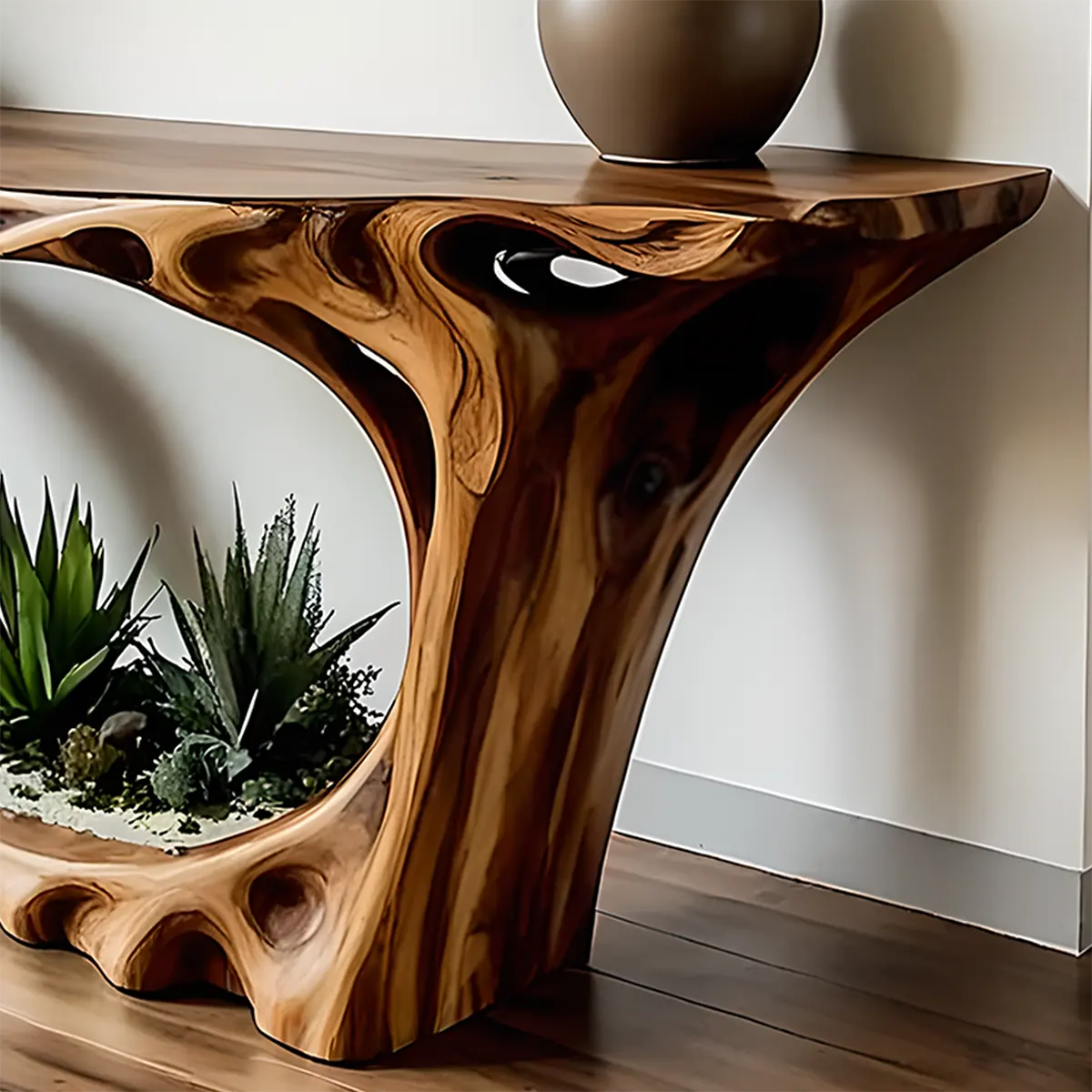 Carved Root Walnut Console Table – Organic Wood Design - Rustira