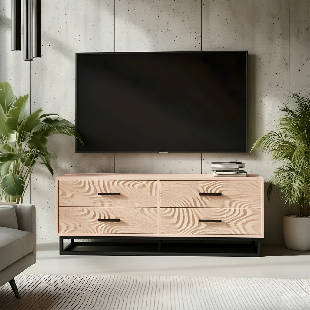 Carved Solid Wood TV Stand – Modern Textured Media Console with Metal Base - Rustira