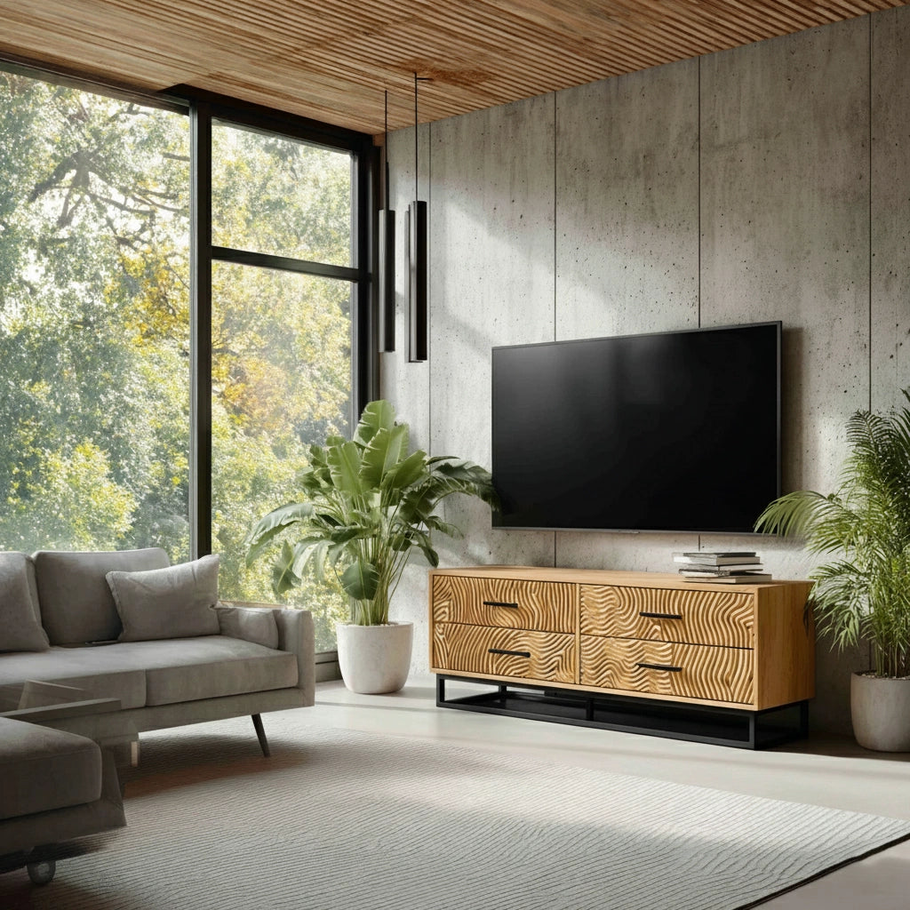 Carved Solid Wood TV Stand – Modern Textured Media Console with Metal Base - Rustira