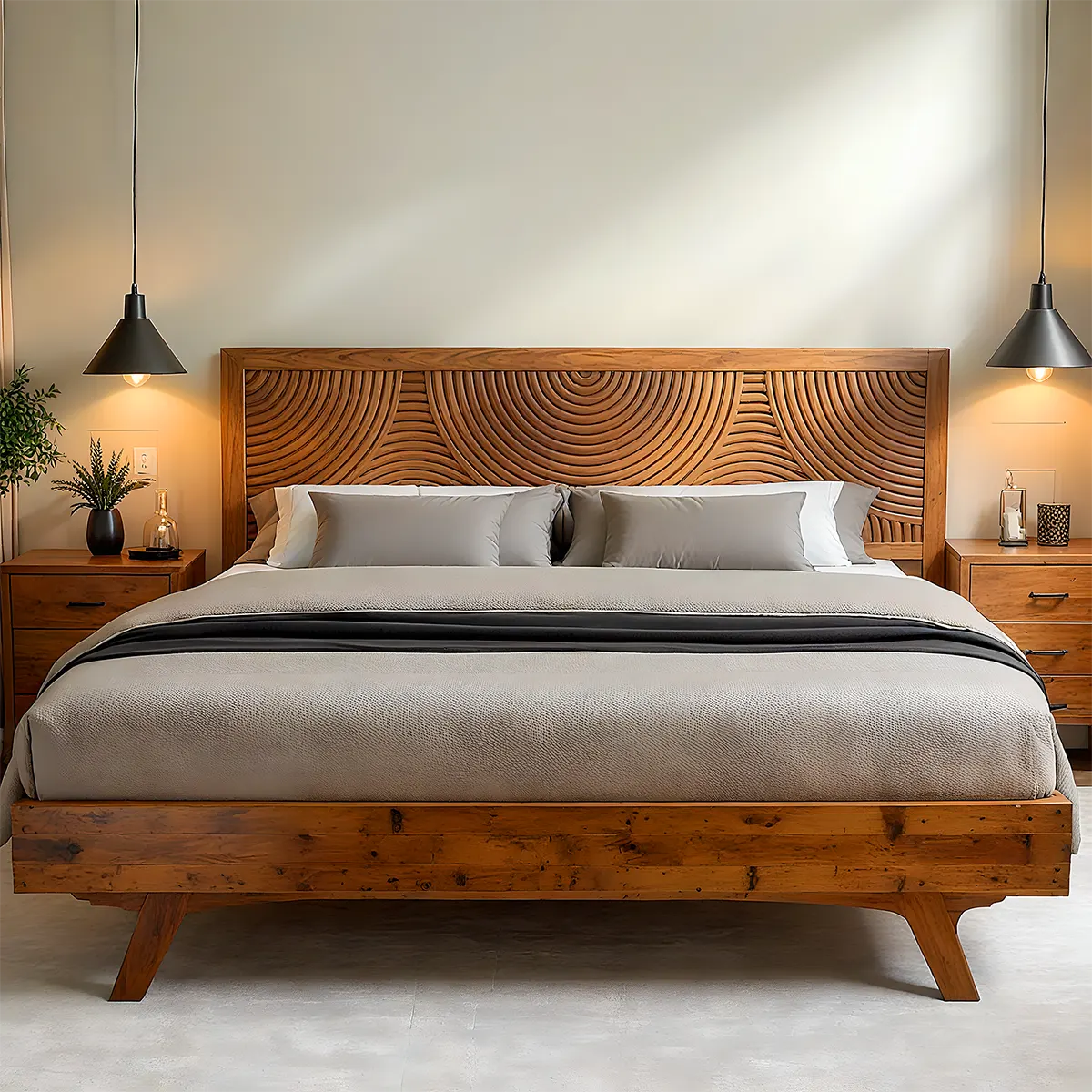 Carved Wooden Bed with Round Pattern – Luxurious & Bold Design - Rustira