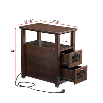 Compact Dark Wood End Table with Storage Drawers & Shelf 