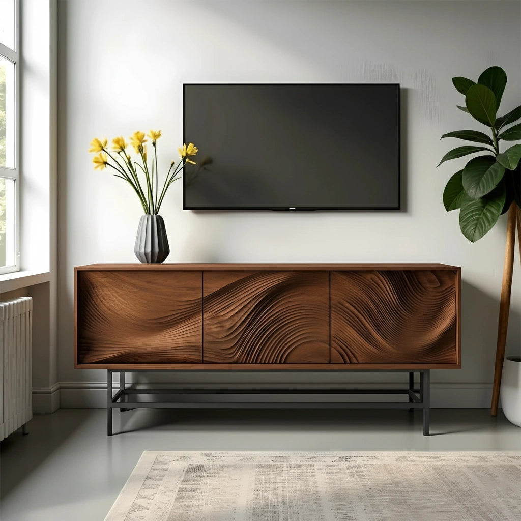 Contemporary Wave-Carved Solid Wood TV Console – Light Oak Minimalist Design - Rustira