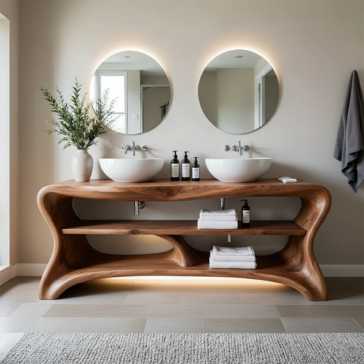 Curved Solid Wood Double Vanity with Sculptural Base - Rustira