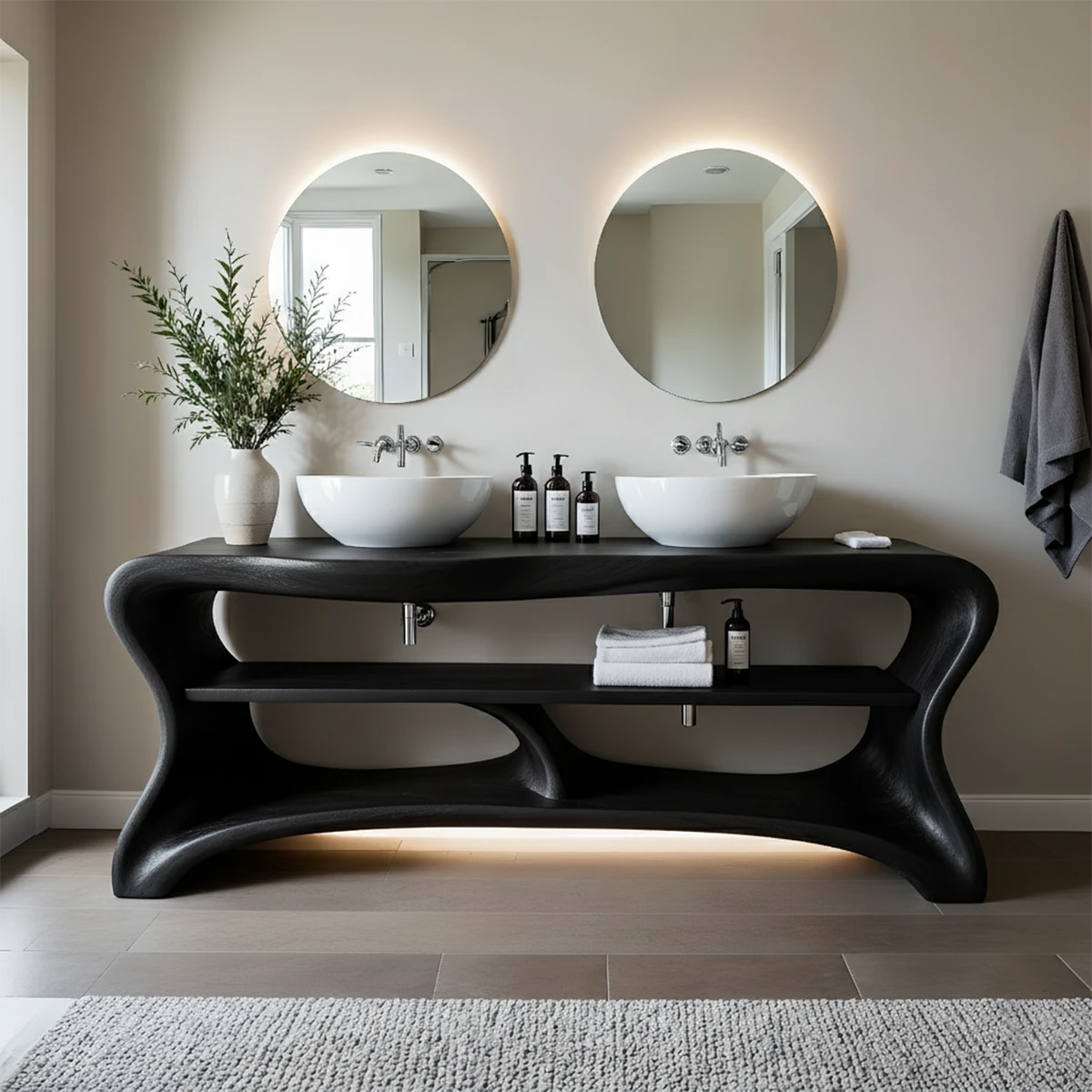 Curved Solid Wood Double Vanity with Sculptural Base - Rustira