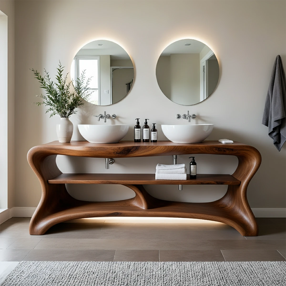 Curved Solid Wood Double Vanity with Sculptural Base - Rustira