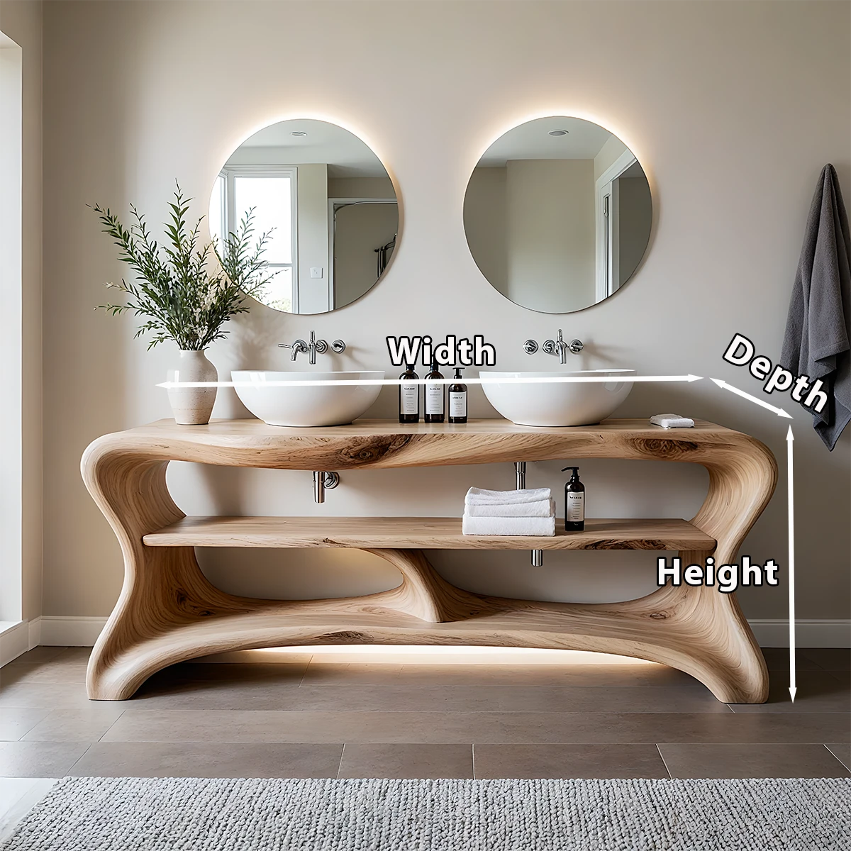 Curved Solid Wood Double Vanity with Sculptural Base - Rustira