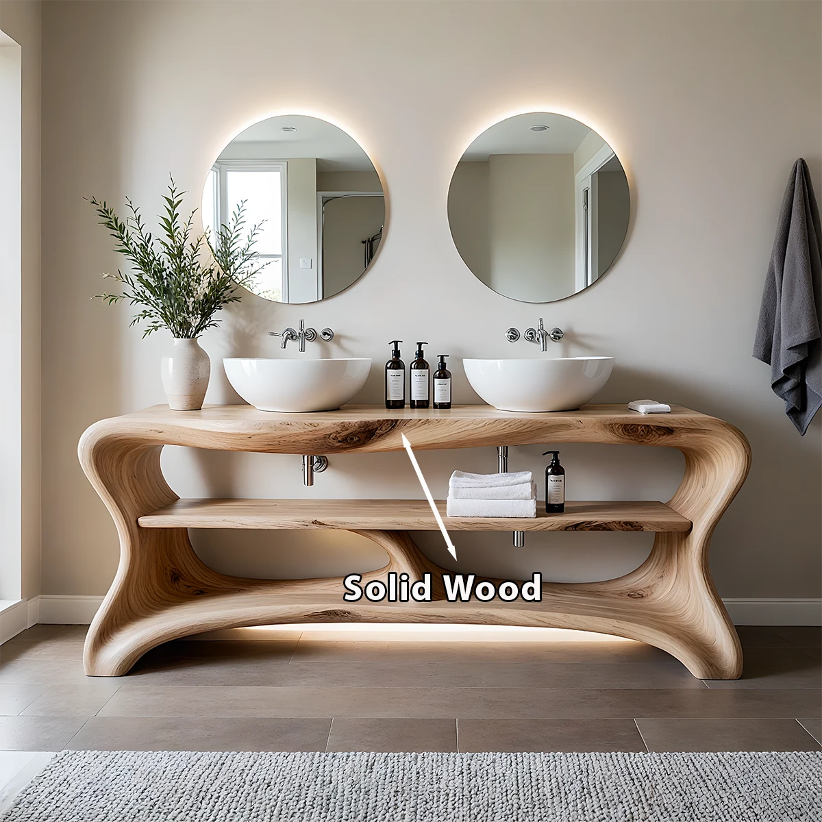 Curved Solid Wood Double Vanity with Sculptural Base - Rustira