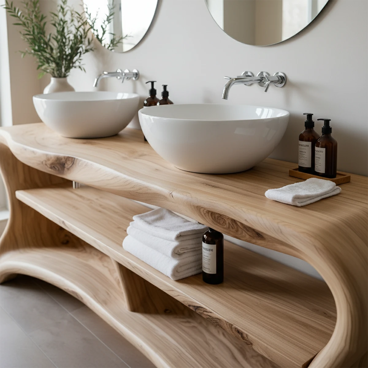 Curved Solid Wood Double Vanity with Sculptural Base - Rustira