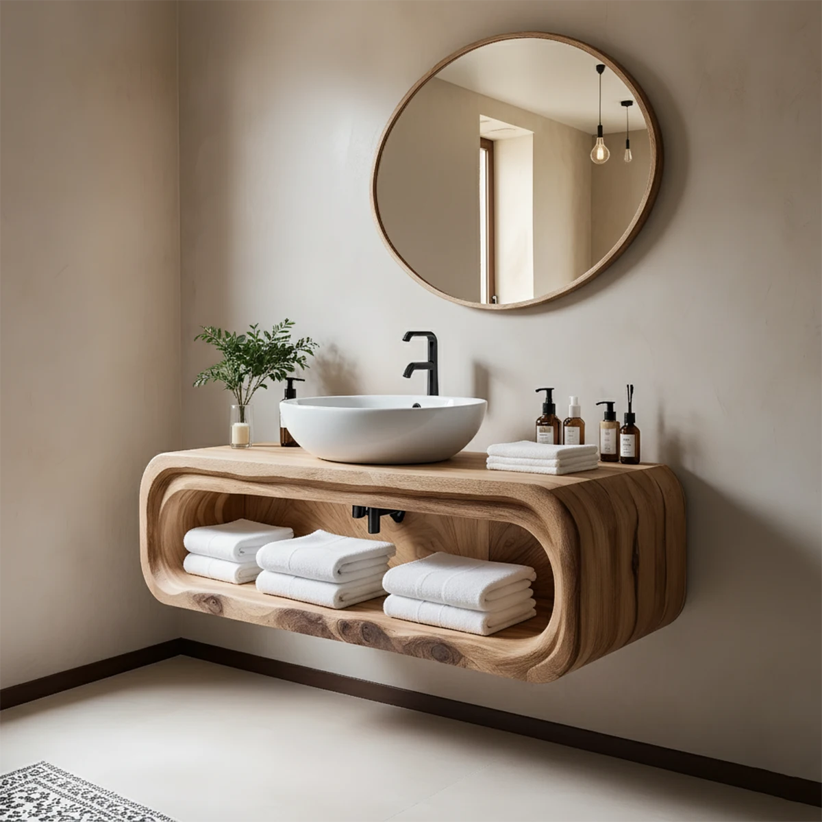 Curved Solid Wood Floating Vanity – Japandi Organic Bathroom Console - Rustira