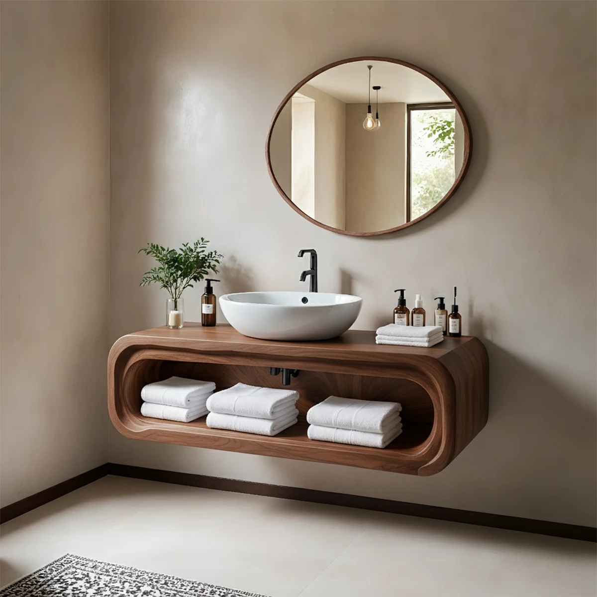 Curved Solid Wood Floating Vanity – Japandi Organic Bathroom Console - Rustira