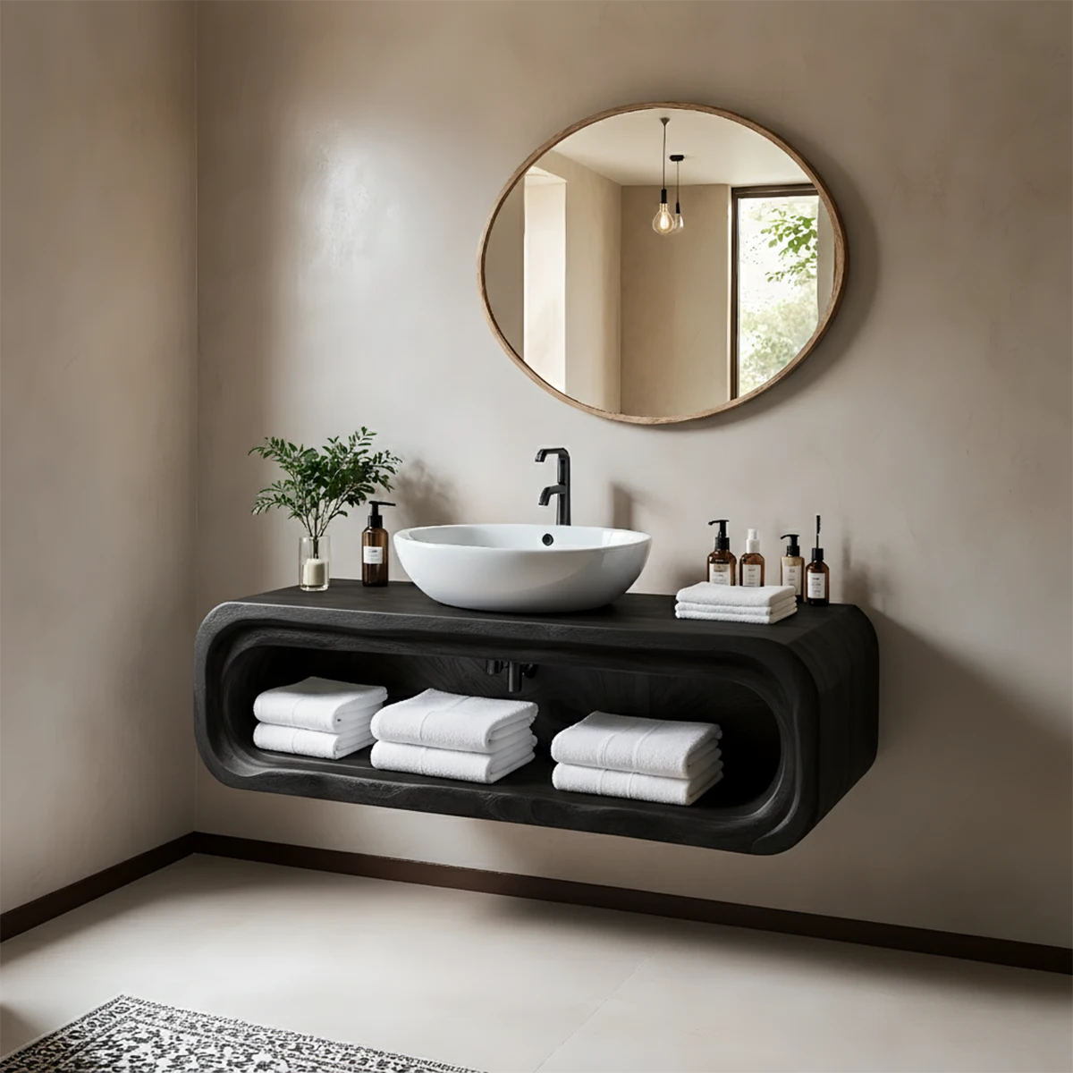 Curved Solid Wood Floating Vanity – Japandi Organic Bathroom Console - Rustira