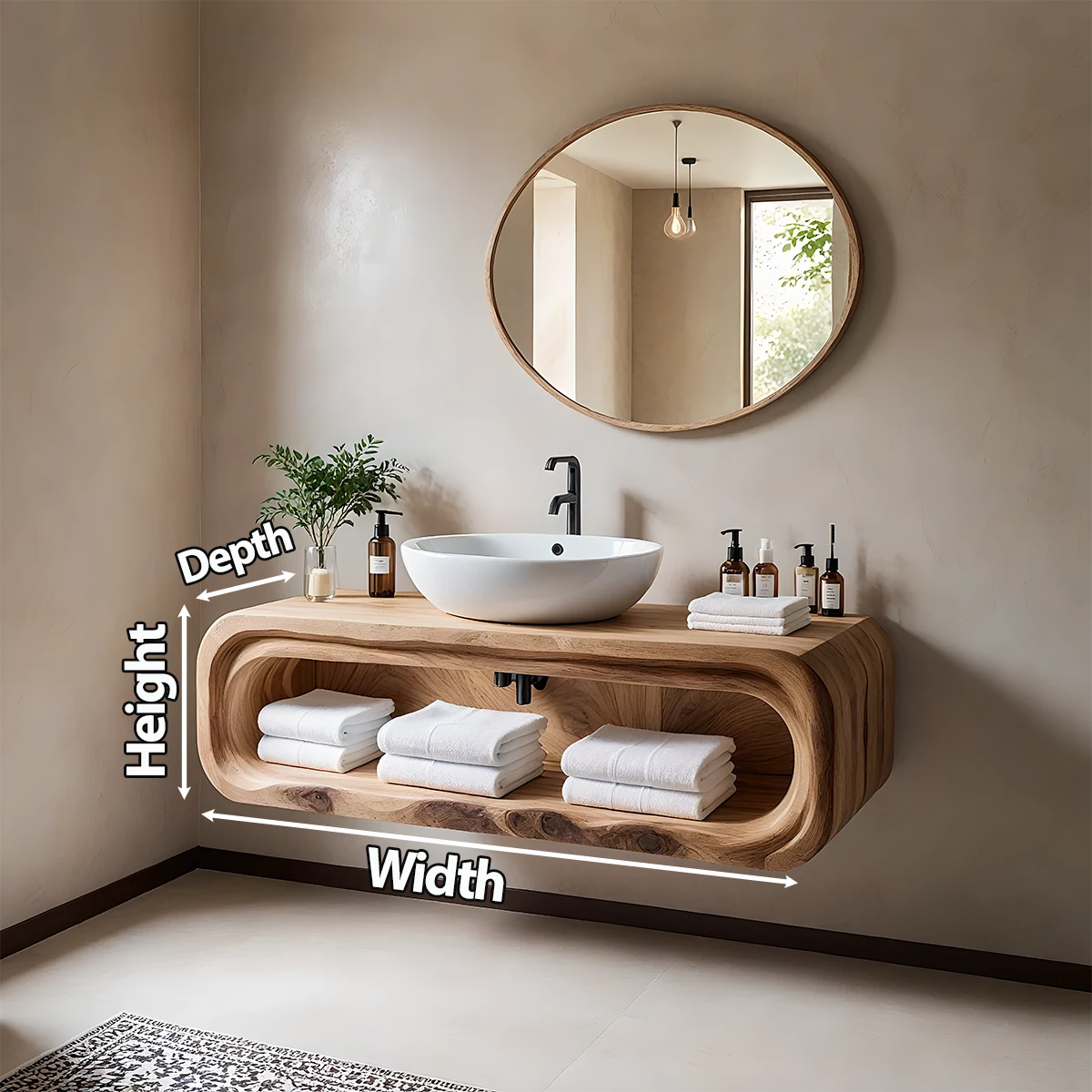 Curved Solid Wood Floating Vanity – Japandi Organic Bathroom Console - Rustira