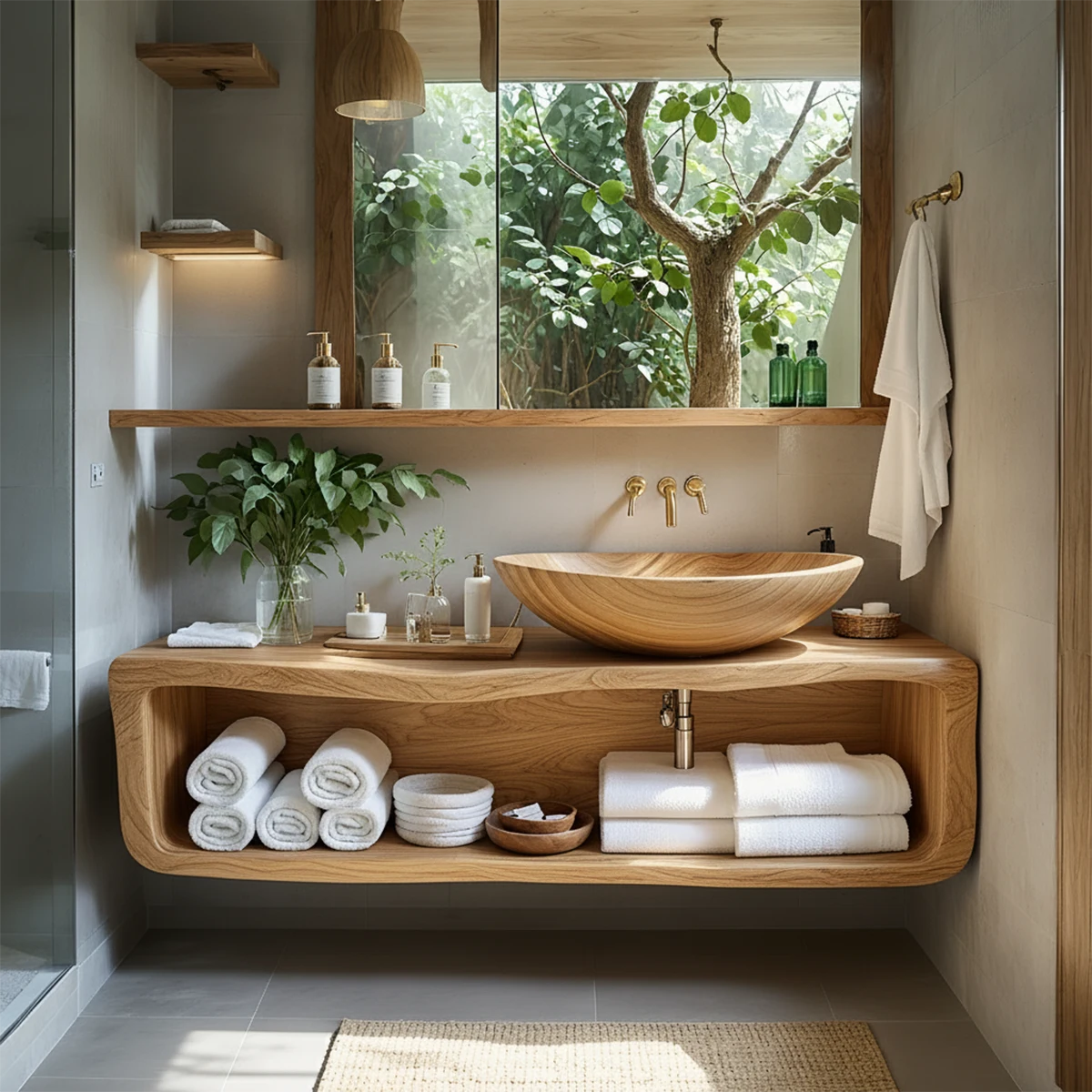 Curved Solid Wood Floating Vanity – Organic Spa Bathroom Console - Rustira