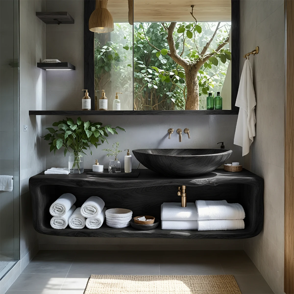 Curved Solid Wood Floating Vanity – Organic Spa Bathroom Console - Rustira