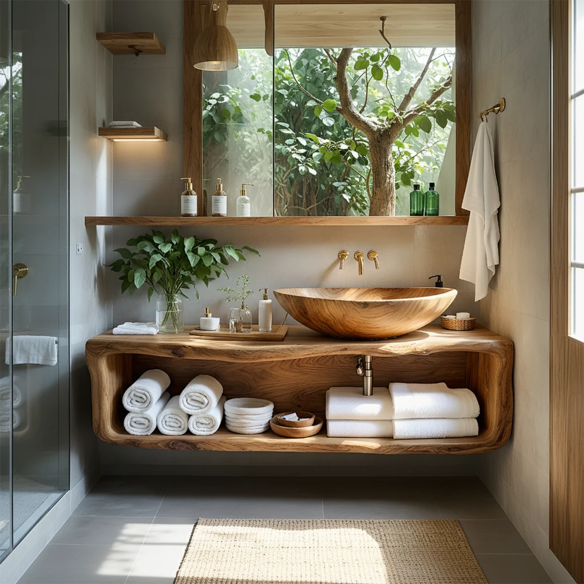 Curved Solid Wood Floating Vanity – Organic Spa Bathroom Console - Rustira