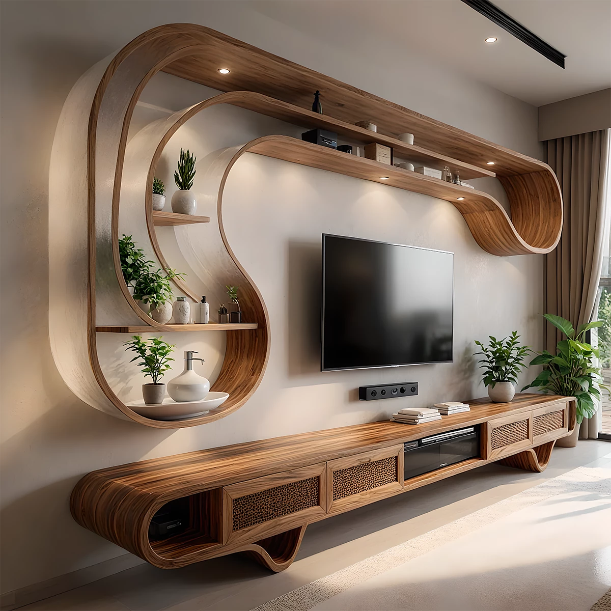 Curved Solid Wood TV Stand & Floating Wave Shelf Set – Modern Sculptural Media Wall - Rustira