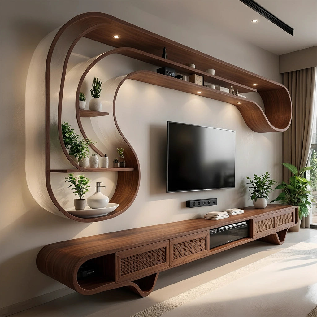 Curved Solid Wood TV Stand & Floating Wave Shelf Set – Modern Sculptural Media Wall - Rustira