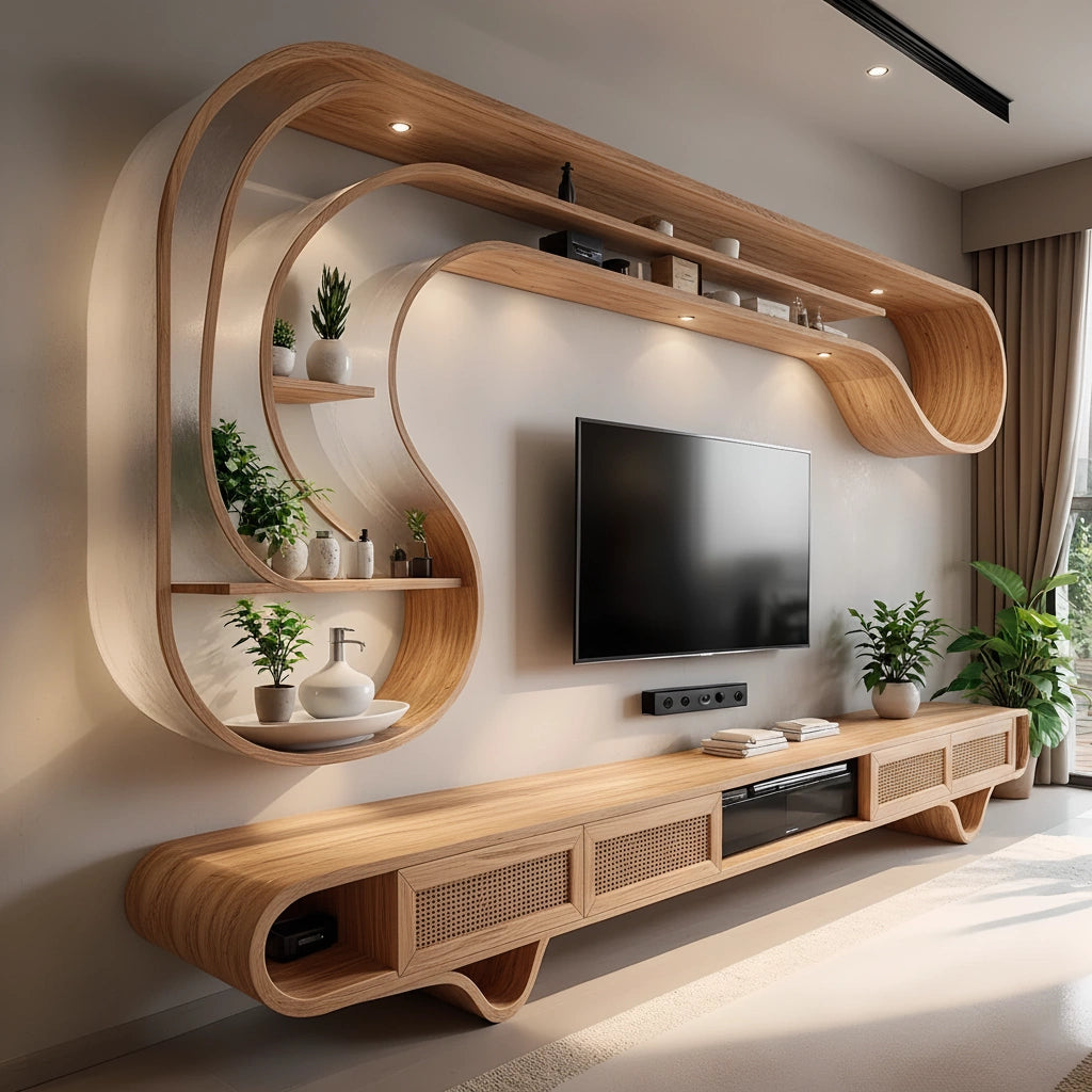 Curved Solid Wood TV Stand & Floating Wave Shelf Set – Modern Sculptural Media Wall - Rustira