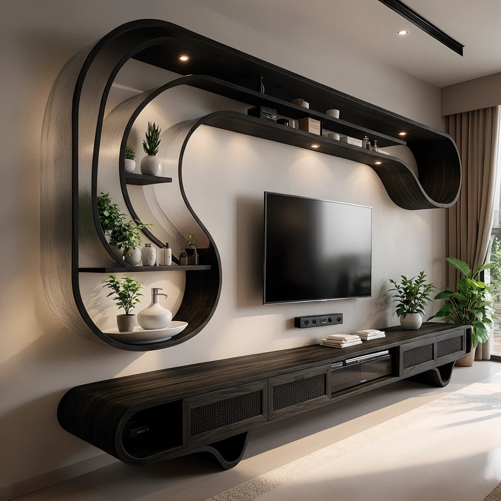 Curved Solid Wood TV Stand & Floating Wave Shelf Set – Modern Sculptural Media Wall - Rustira