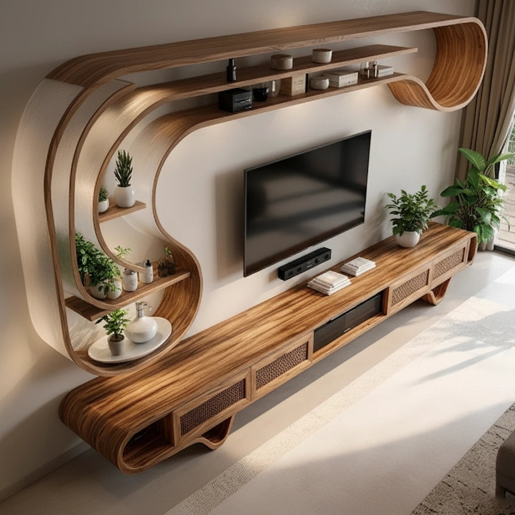 Curved Solid Wood TV Stand & Floating Wave Shelf Set – Modern Sculptural Media Wall - Rustira