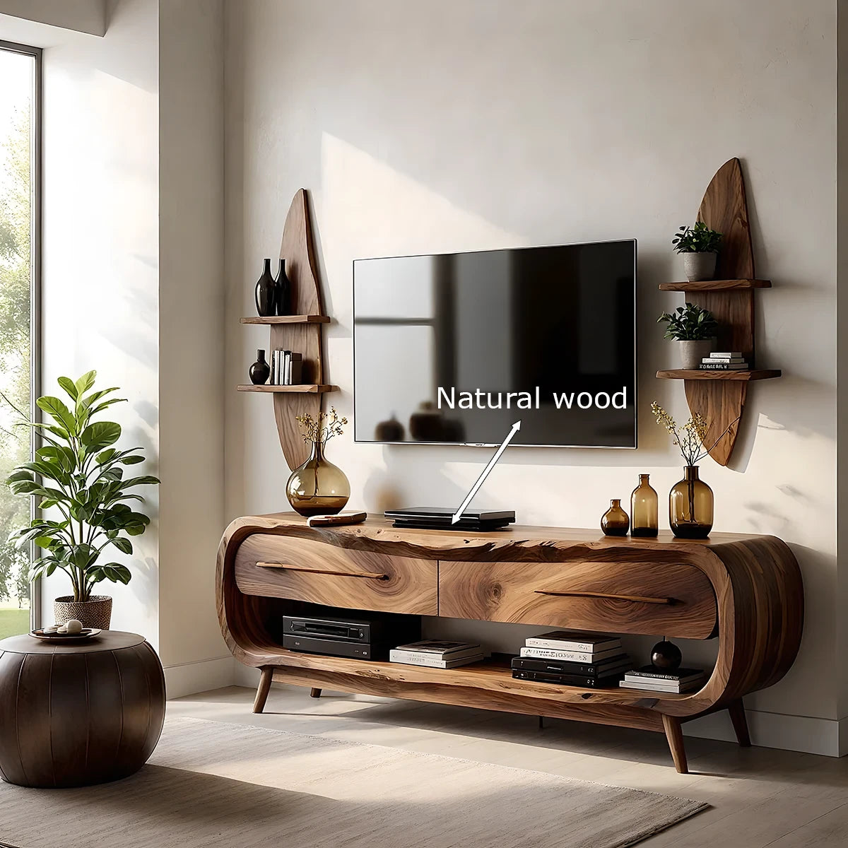 Curved Solid Wood TV Stand Set with Floating Shelves - Organic Modern Media Console - Rustira