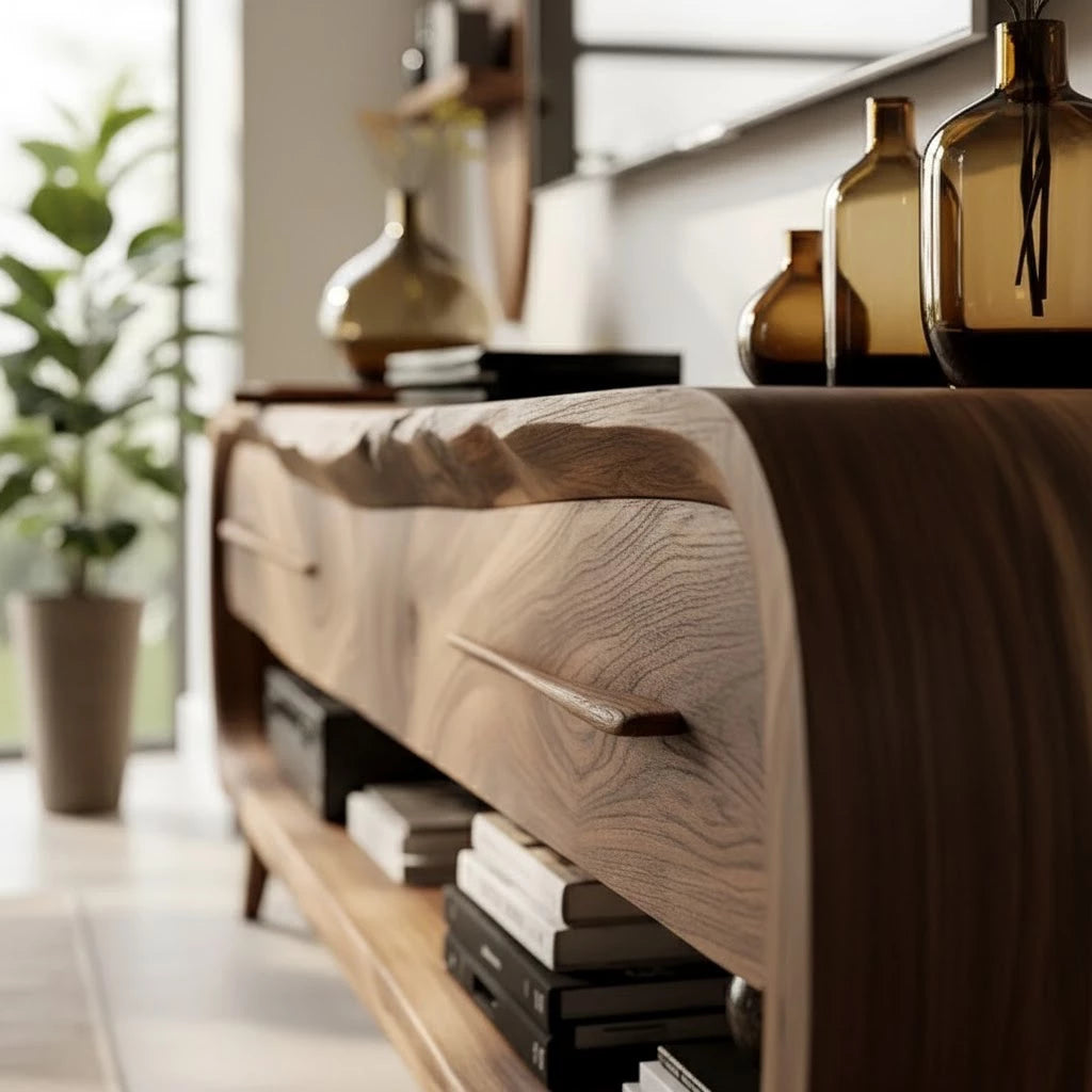 Curved Solid Wood TV Stand Set with Floating Shelves - Organic Modern Media Console - Rustira