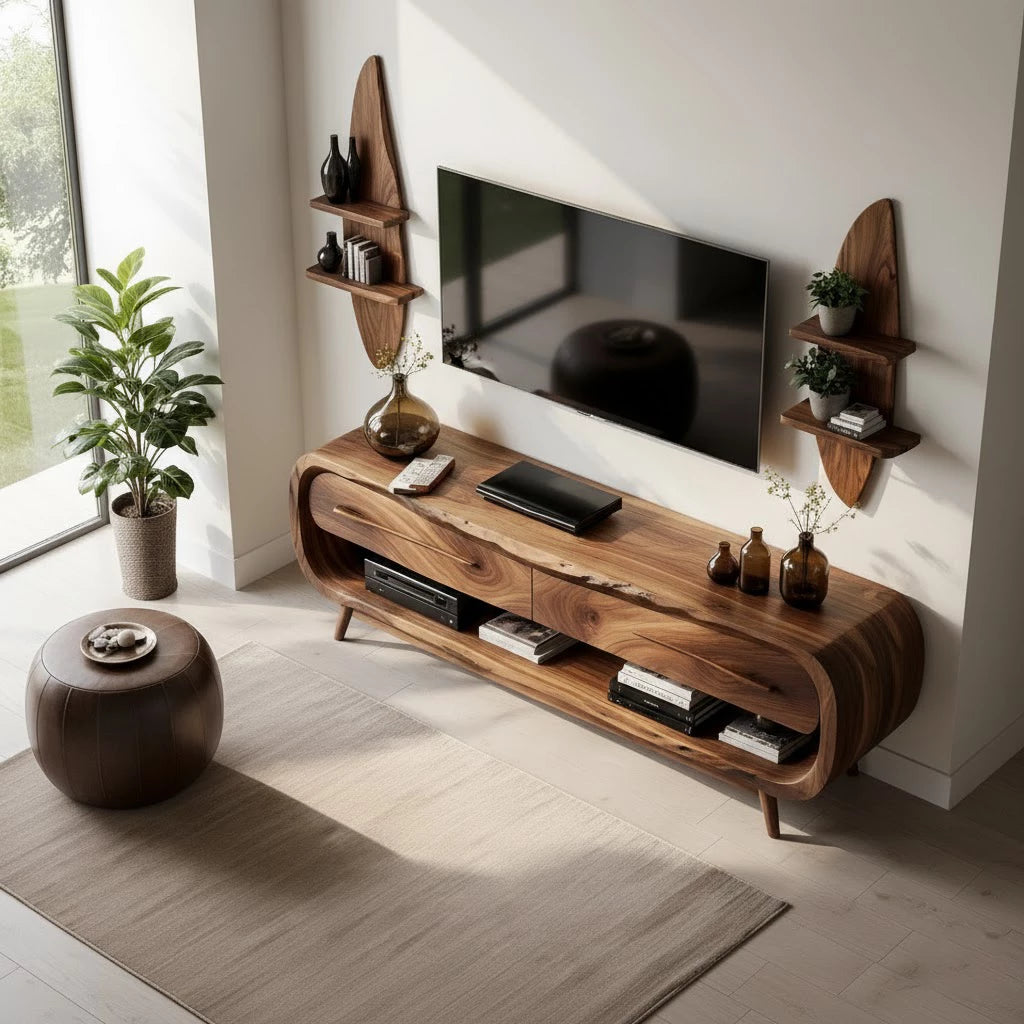 Curved Solid Wood TV Stand Set with Floating Shelves - Organic Modern Media Console - Rustira