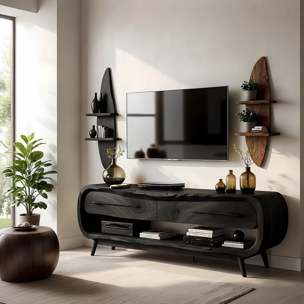 Curved Solid Wood TV Stand Set with Floating Shelves - Organic Modern Media Console - Rustira