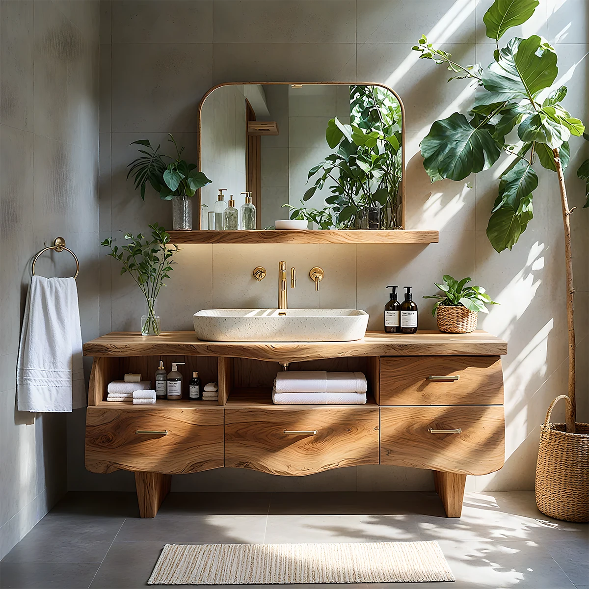 Curved Solid Wood Vanity with Legs – Japandi Spa Bathroom Console - Rustira